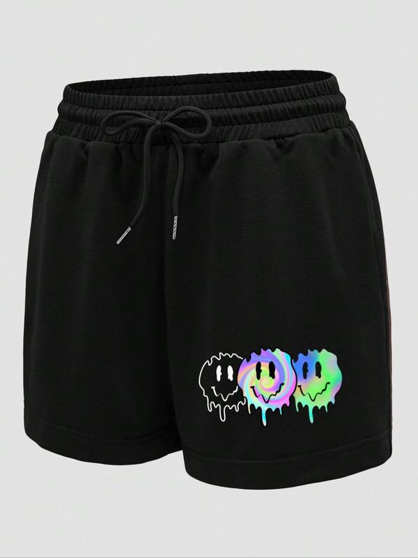 Women's Cartoon Face Print Drawstring Waist Shorts, Casual Comfy Track Shorts for Summer, Fashion Women's Bottoms for Daily Wear